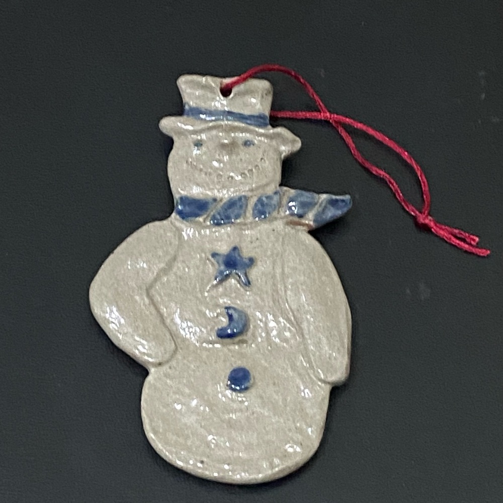 Vintage ROWE Pottery Salt Glazed Snowman Holiday Christmas Ornament
